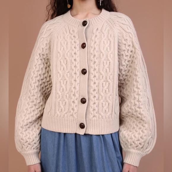 Meadows Sweaters Meadows Quince Cream Wool Cable Knit Cardigan Uk